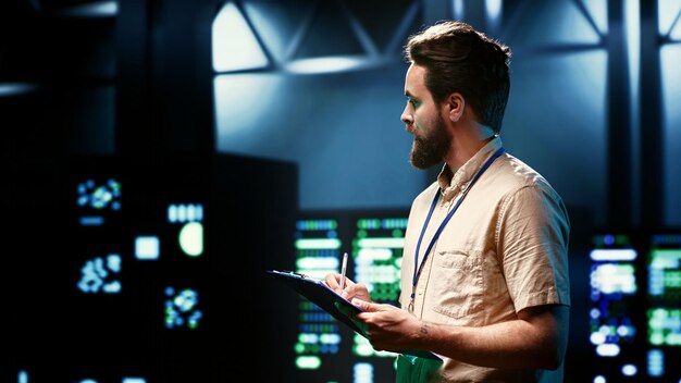 Administrator walking a data centre aisle