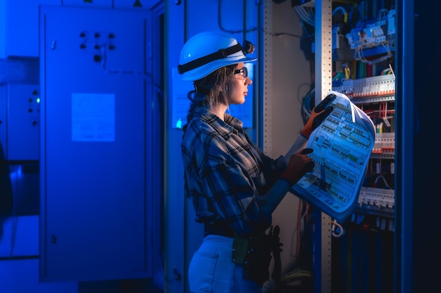Electrical engineer studying a power system blueprint