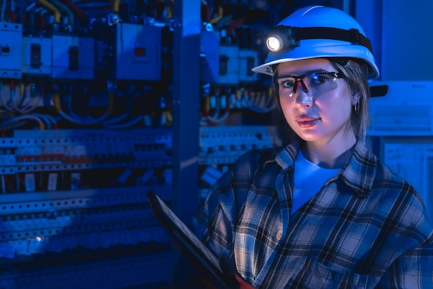 Electrician using a tablet in a blue-lit control room at night