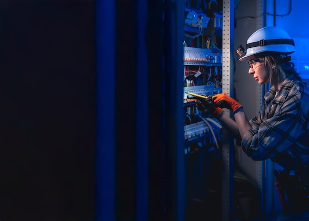 Electrician checking a switchboard with a voltage tester